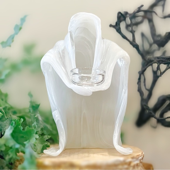 NEW Homegoods White Striated Hand Blown  Glass Hooded Ghost Candle Holder - Picture 1 of 16